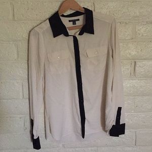 Satiny button down cream white shirt, black detail